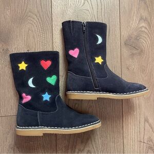 Mini Boden Girls Size 29 Rainbow Hearts Moons Stars Navy Suede Boots